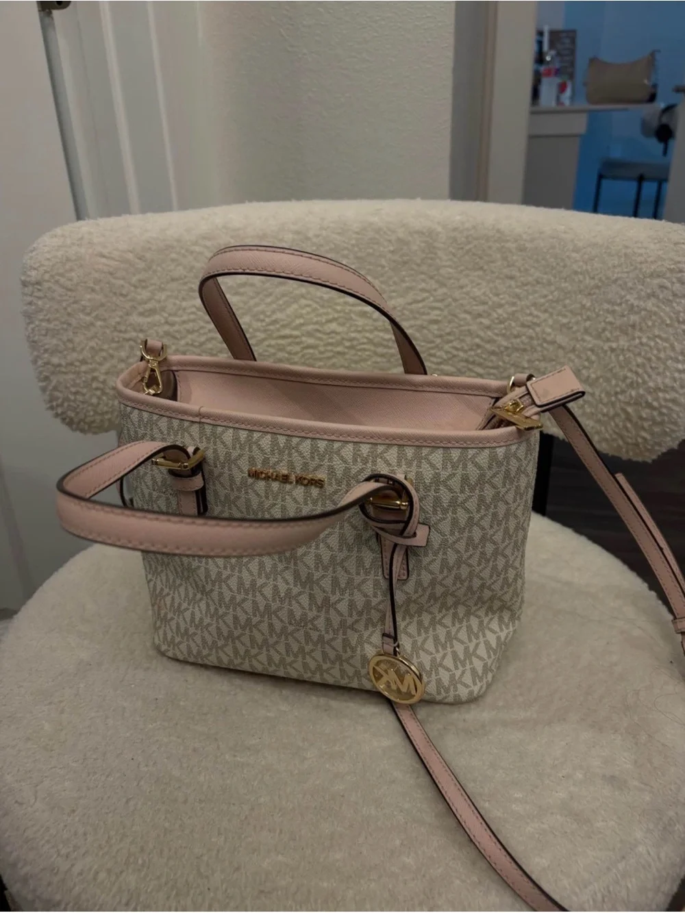 Michael Kors Beige Signature Satchel with Blush Trim